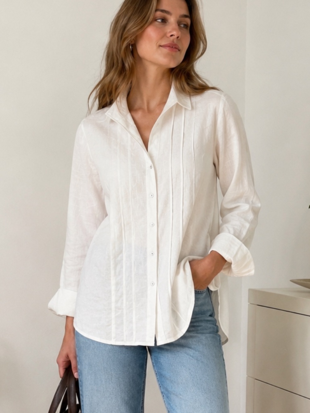 Grace Chuang White Linen Blend Pleated Button Front Blouse M/L